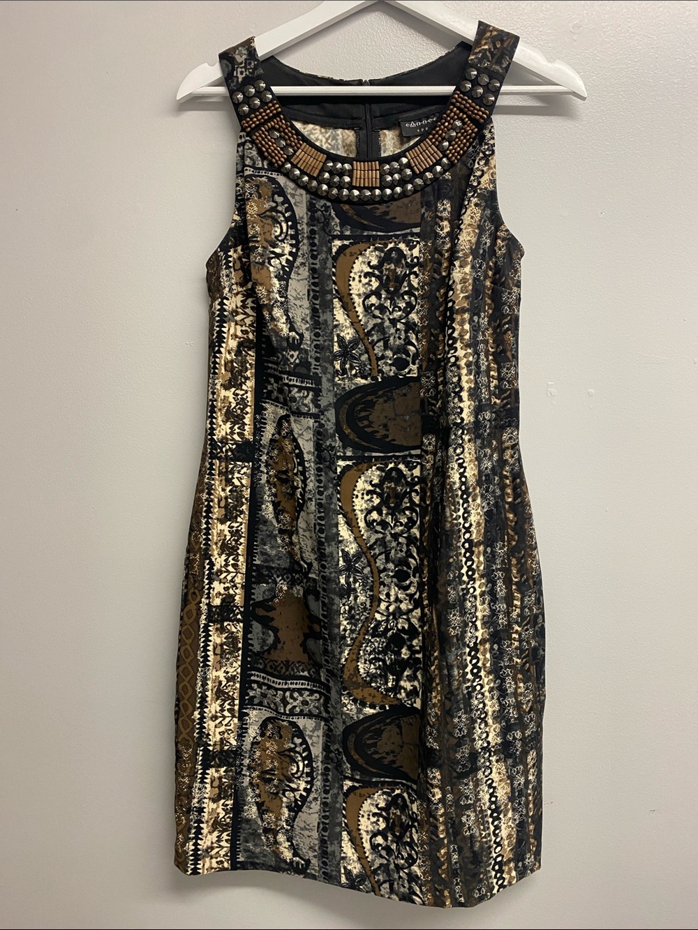 Connected Apparel Beaded Neckline Printed Midi Dress in Black & Brown